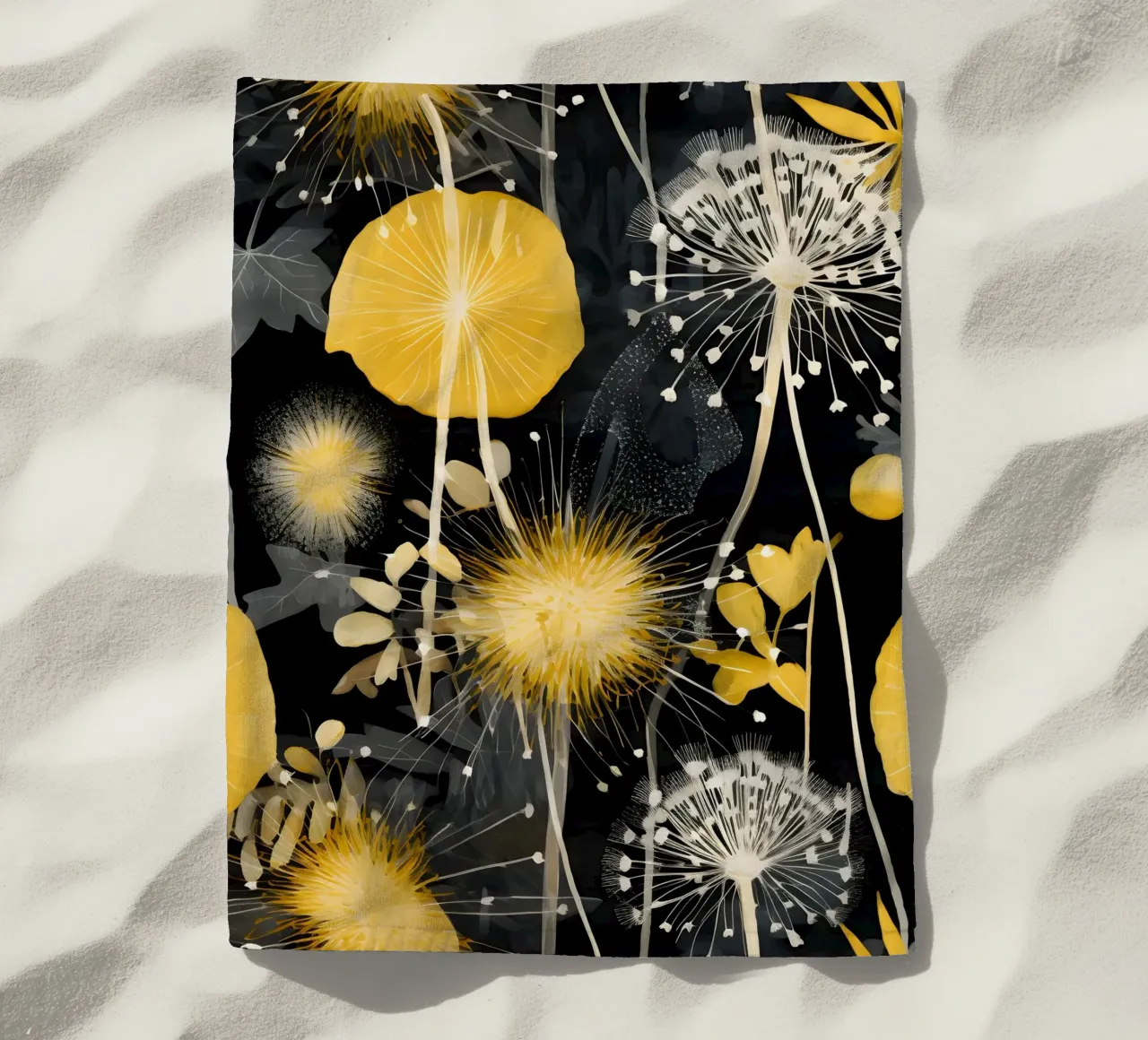 Dandelion Black beach towel by Botanical Pattern House