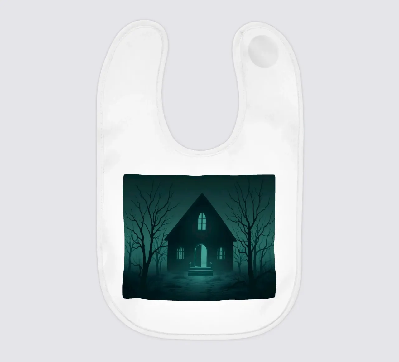 Eerie house illuminated by moonlight in a foggy forest baby bib by DesignDoodle