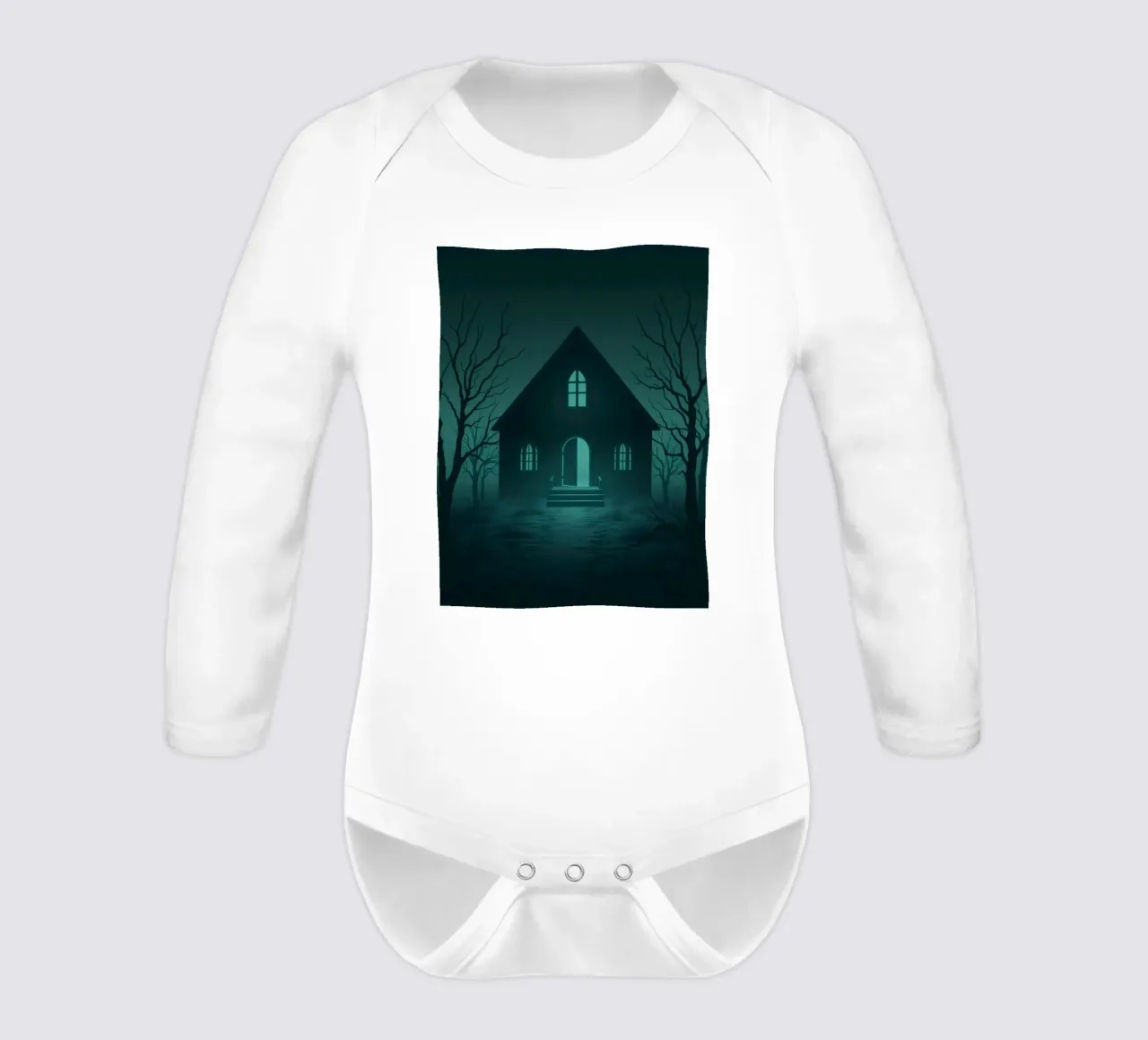 Eerie house illuminated by moonlight in a foggy forest long-sleeve baby romper by DesignDoodle