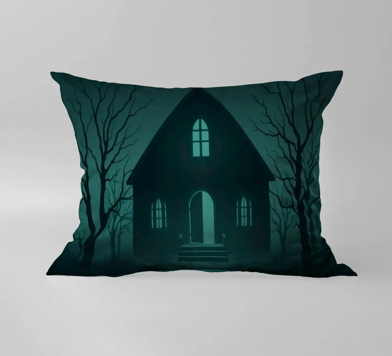 Eerie house illuminated by moonlight in a foggy forest decorative cushion by DesignDoodle