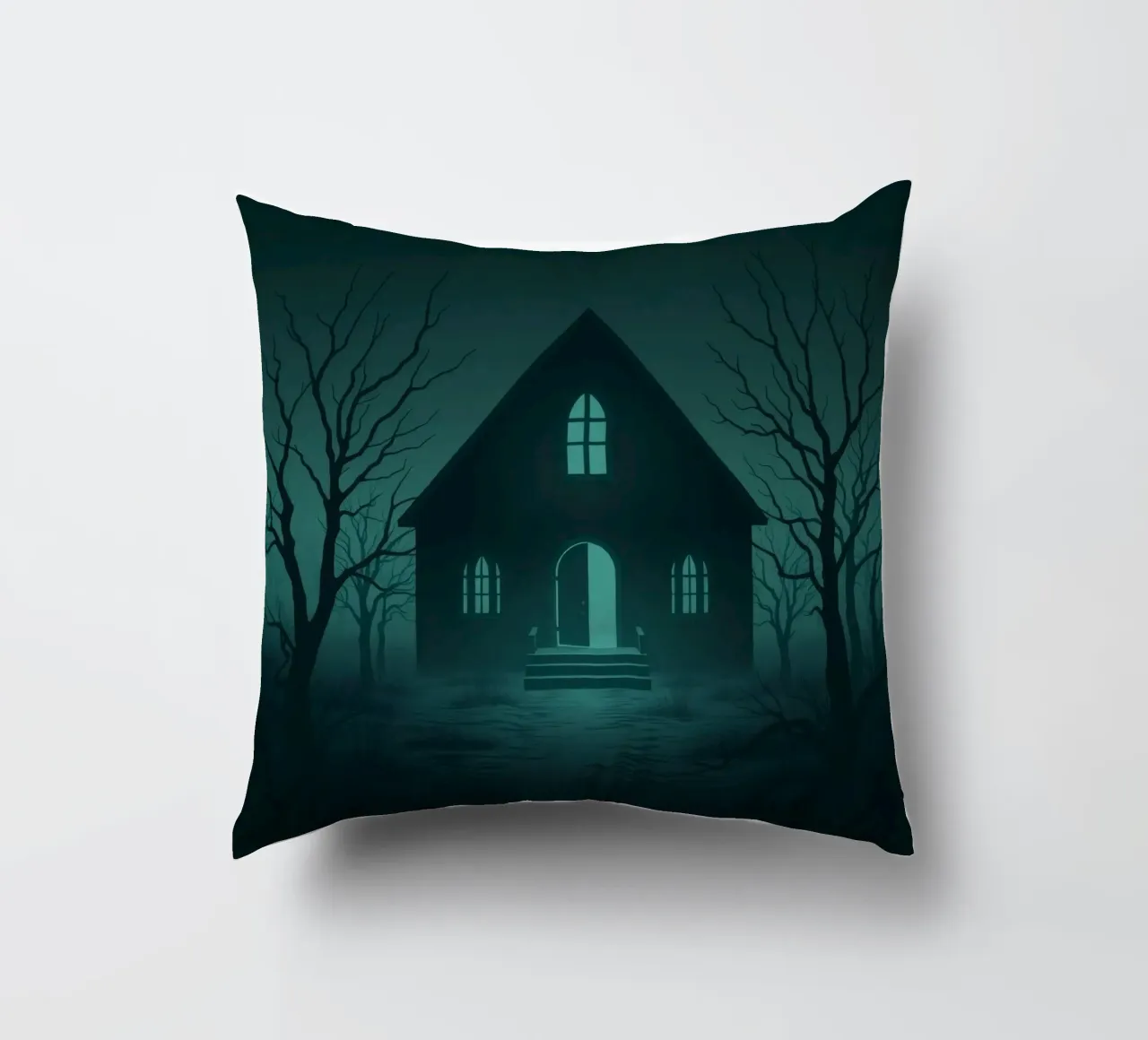 Eerie house illuminated by moonlight in a foggy forest decorative cushion by DesignDoodle