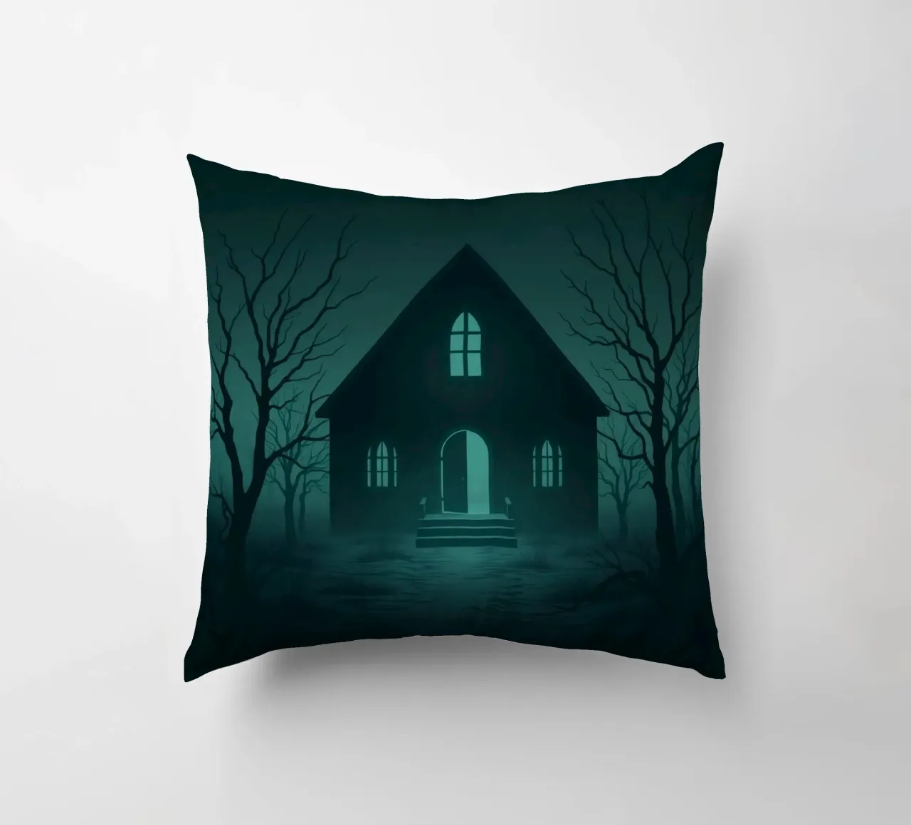 Eerie house illuminated by moonlight in a foggy forest decorative cushion by DesignDoodle