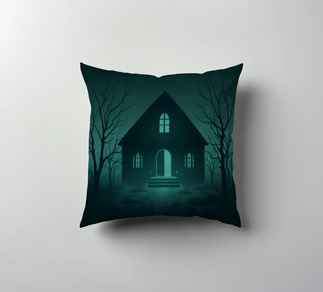 Eerie house illuminated by moonlight in a foggy forest decorative cushion by DesignDoodle
