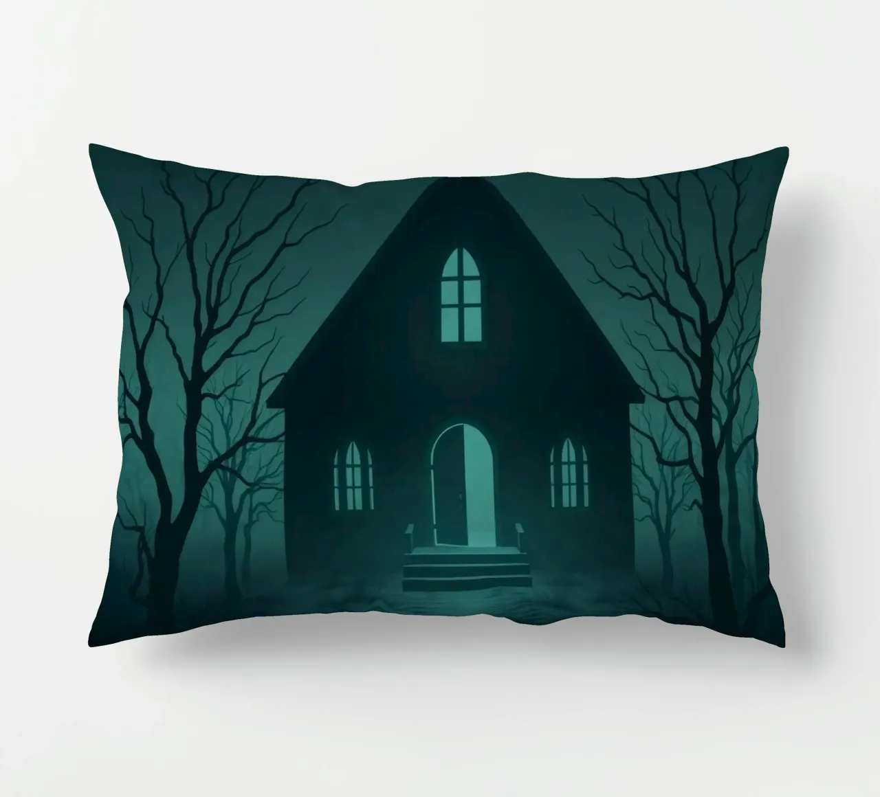 Eerie house illuminated by moonlight in a foggy forest decorative cushion by DesignDoodle