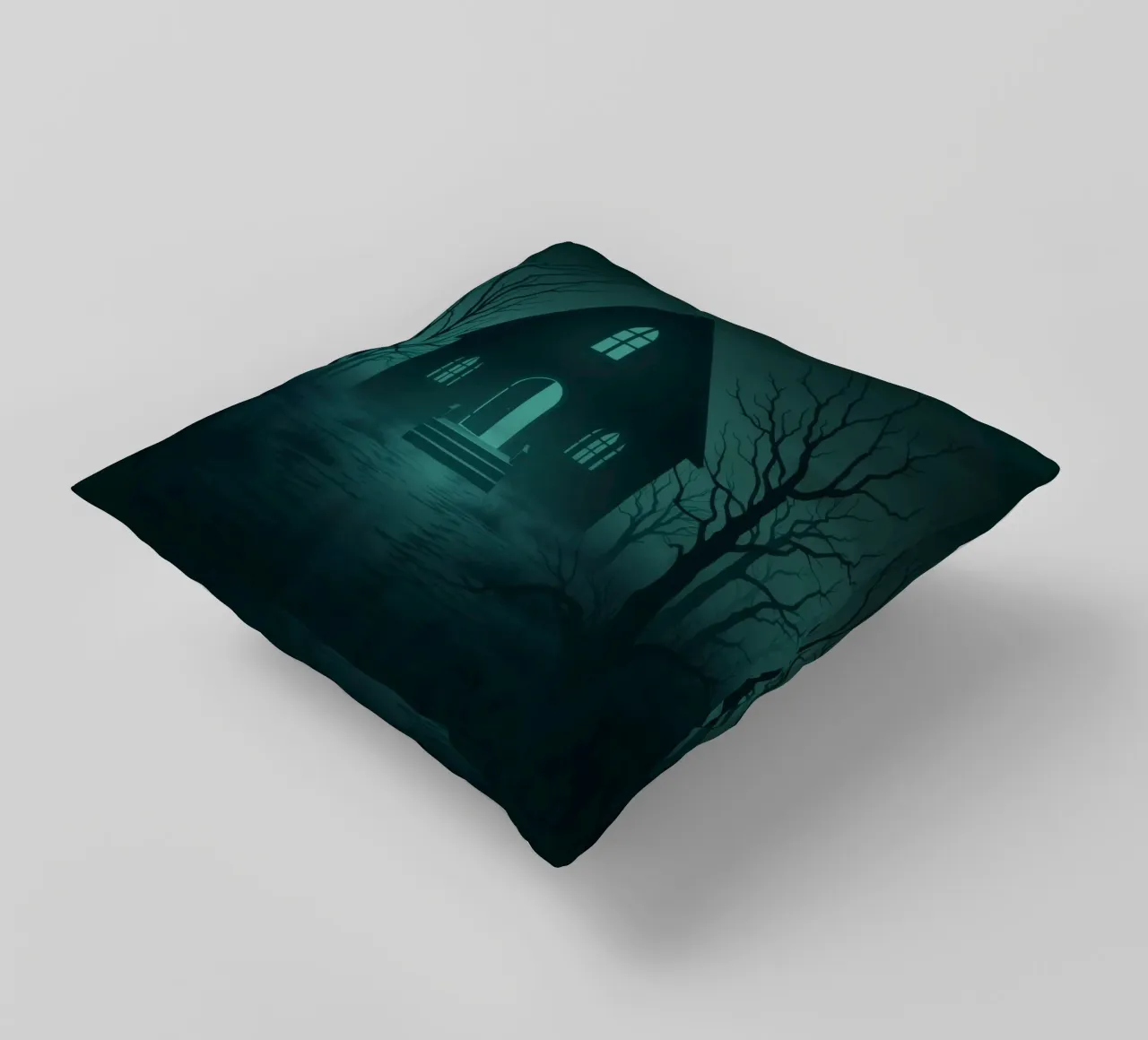 Eerie house illuminated by moonlight in a foggy forest decorative cushion by DesignDoodle
