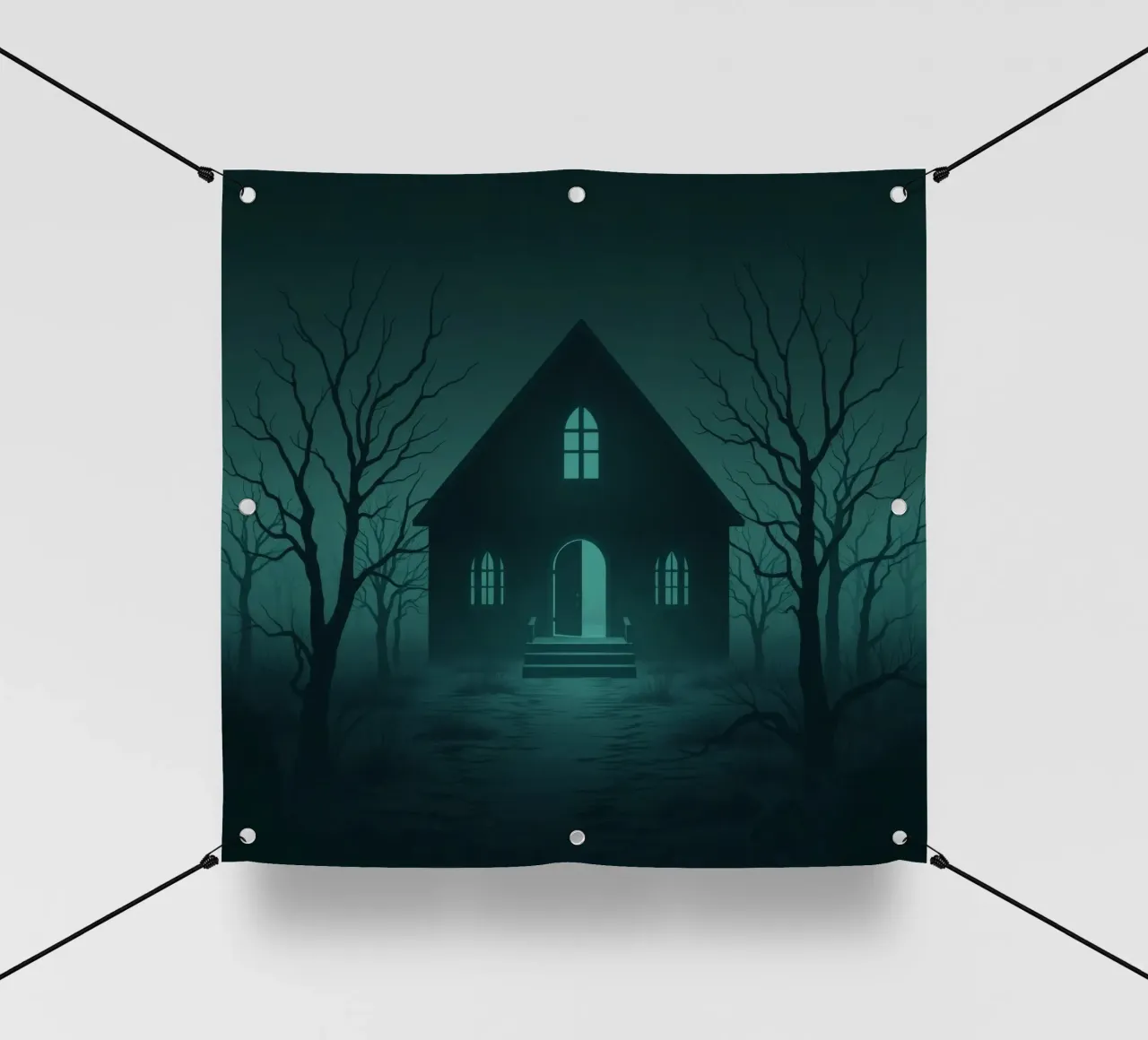 Maison sinistre éclairée par le clair de lune dans une forêt brumeuse bâche pvc de DesignDoodle