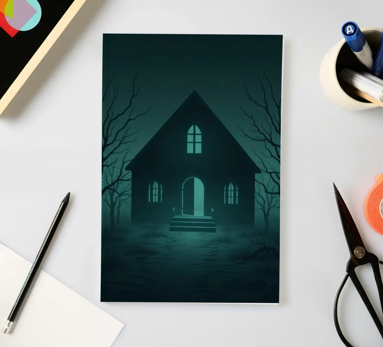 Eerie house illuminated by moonlight in a foggy forest notebook by DesignDoodle