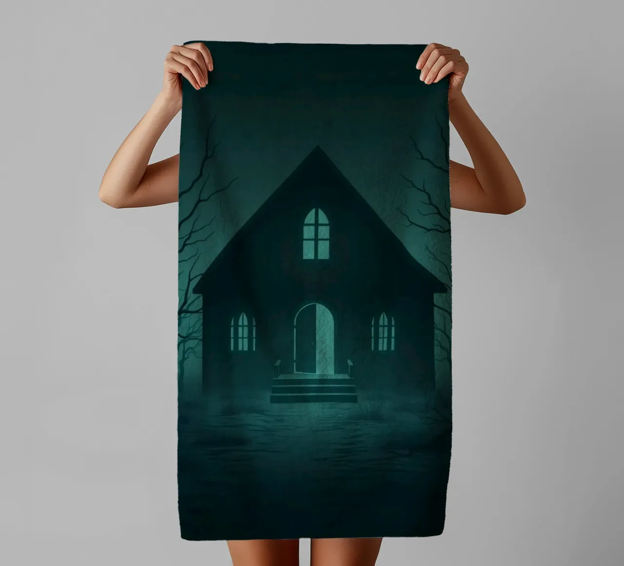 Eerie house illuminated by moonlight in a foggy forest towel by DesignDoodle