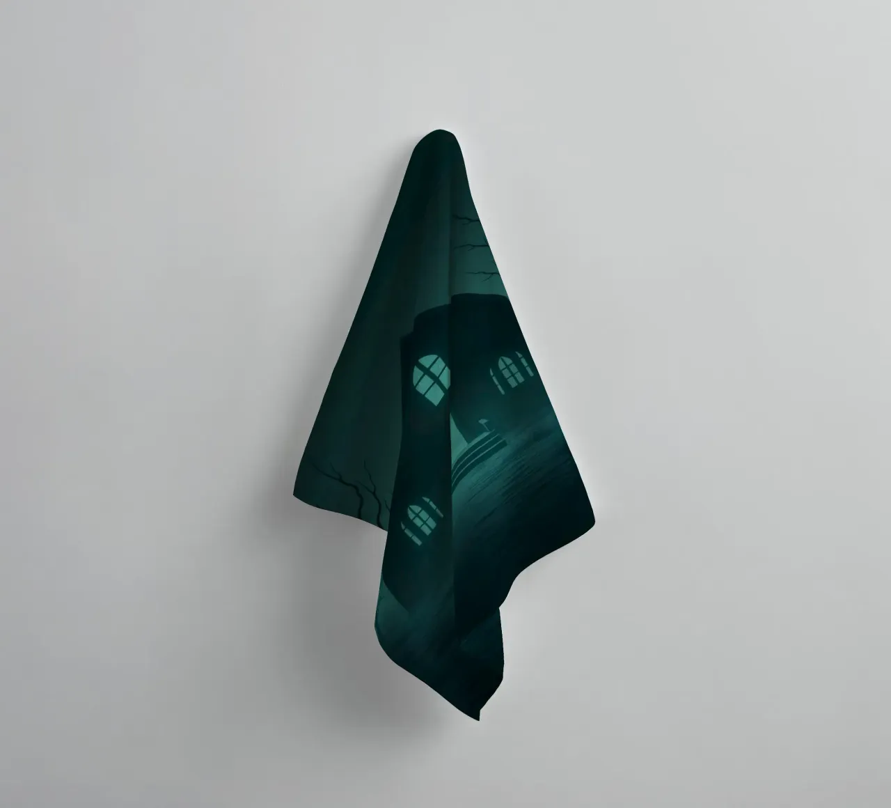 Eerie house illuminated by moonlight in a foggy forest towel by DesignDoodle