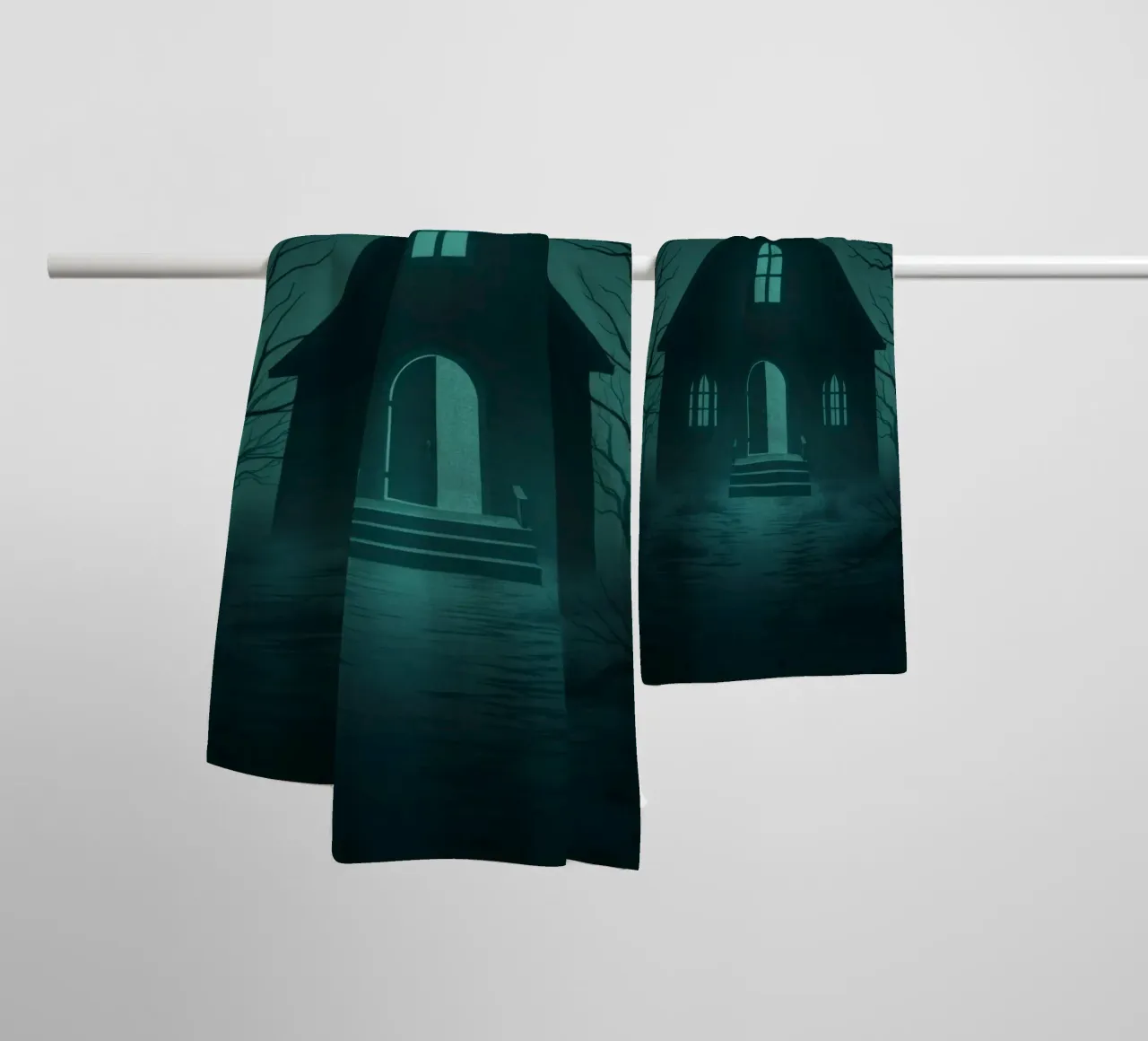 Eerie house illuminated by moonlight in a foggy forest towel by DesignDoodle