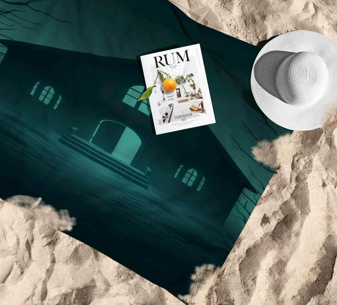 Eerie house illuminated by moonlight in a foggy forest beach towel by DesignDoodle