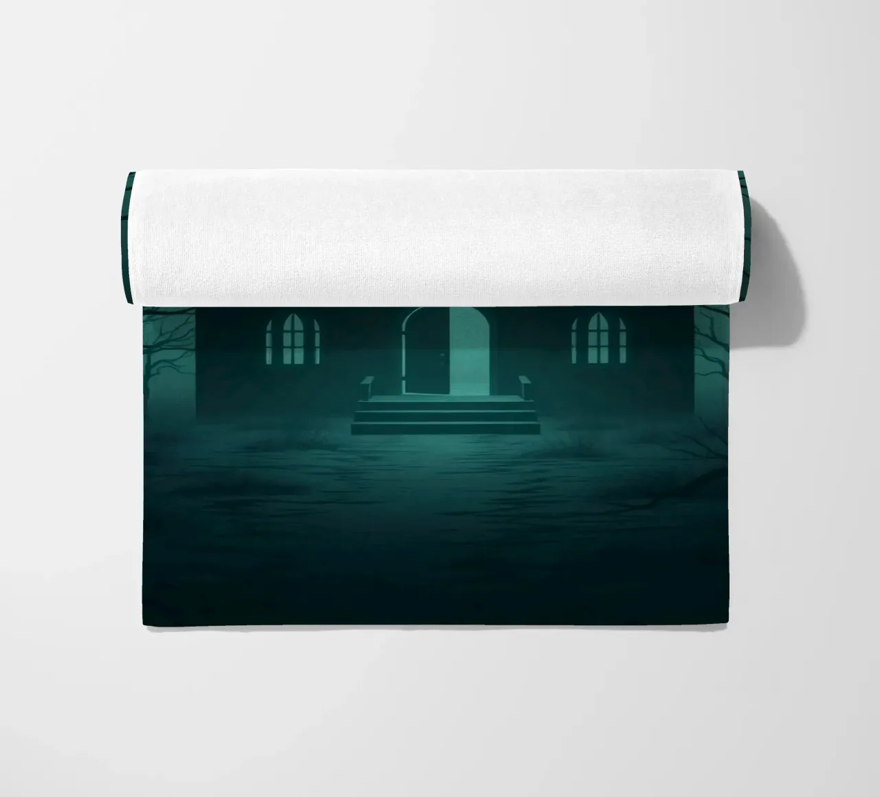 Eerie house illuminated by moonlight in a foggy forest beach towel by DesignDoodle