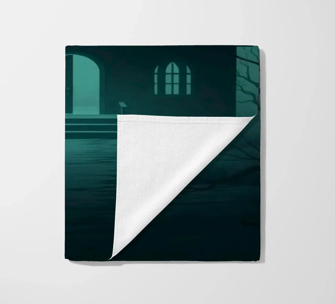 Eerie house illuminated by moonlight in a foggy forest beach towel by DesignDoodle