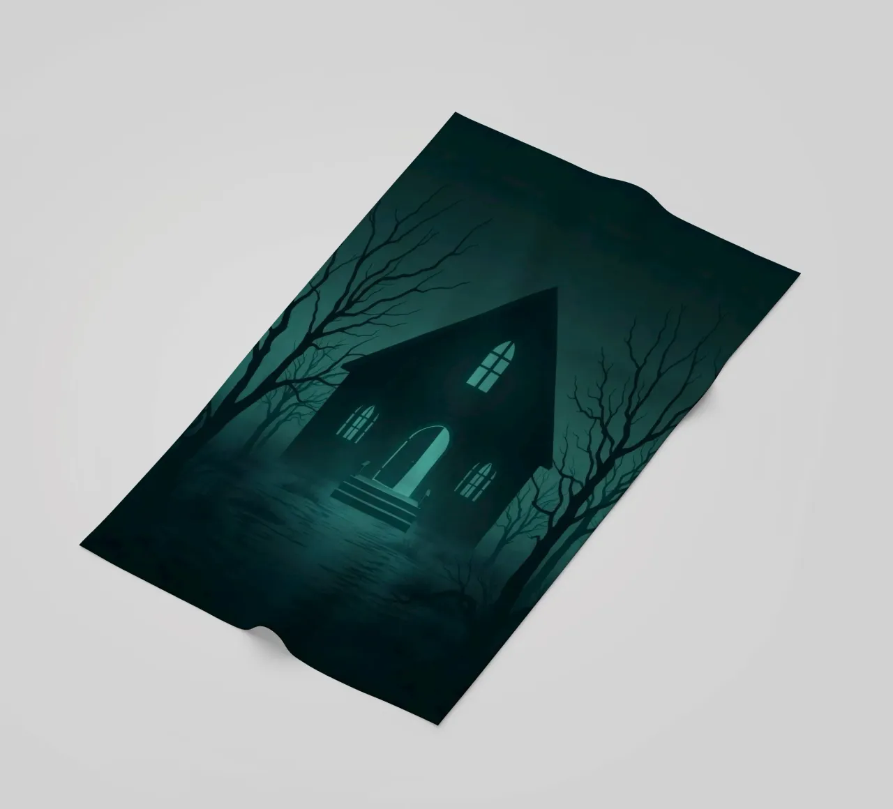 Eerie house illuminated by moonlight in a foggy forest beach towel by DesignDoodle