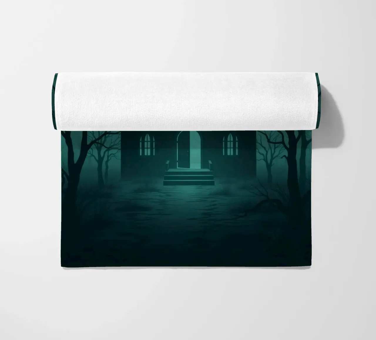 Eerie house illuminated by moonlight in a foggy forest beach towel by DesignDoodle