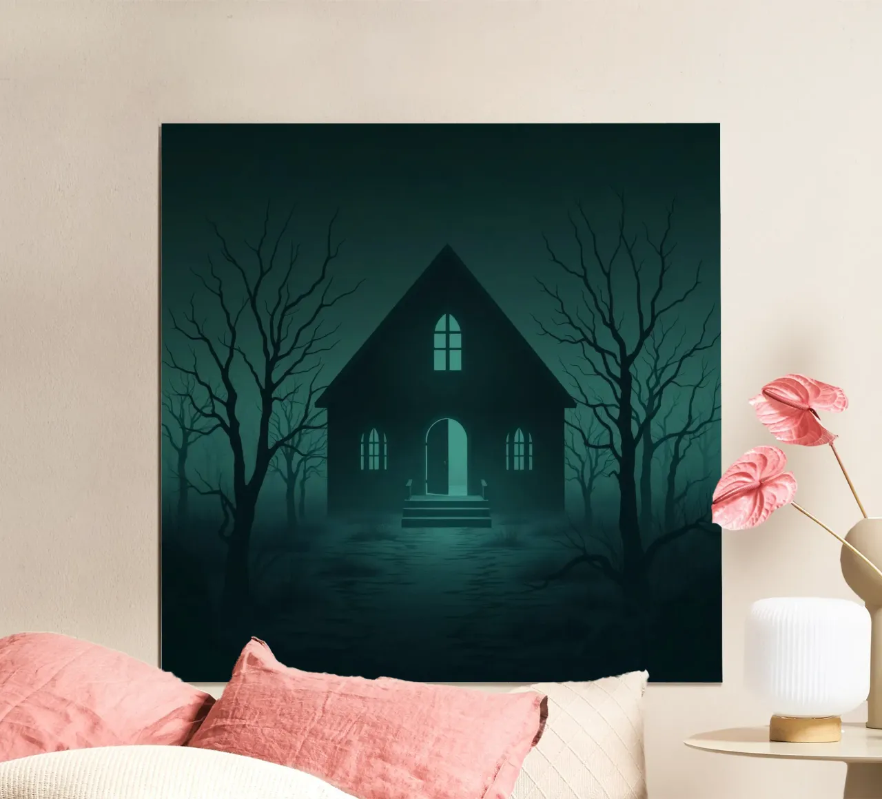 Maison sinistre éclairée par le clair de lune dans une forêt brumeuse hahnemühle de DesignDoodle