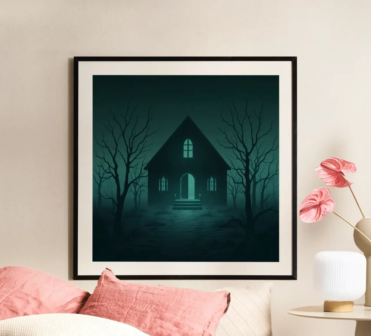 Maison sinistre éclairée par le clair de lune dans une forêt brumeuse hahnemühle de DesignDoodle