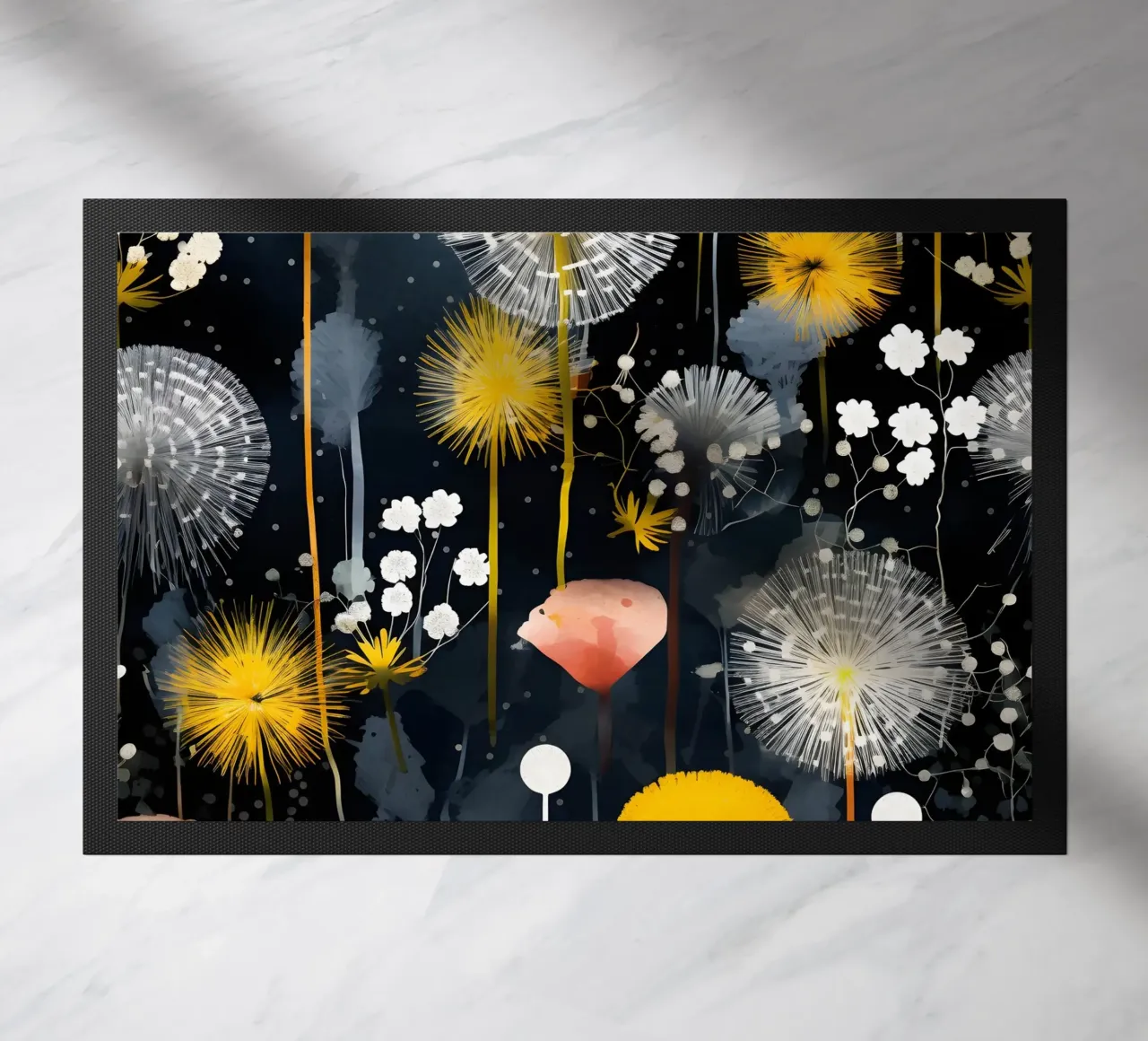 Dandelion Black doormat by Botanical Pattern House