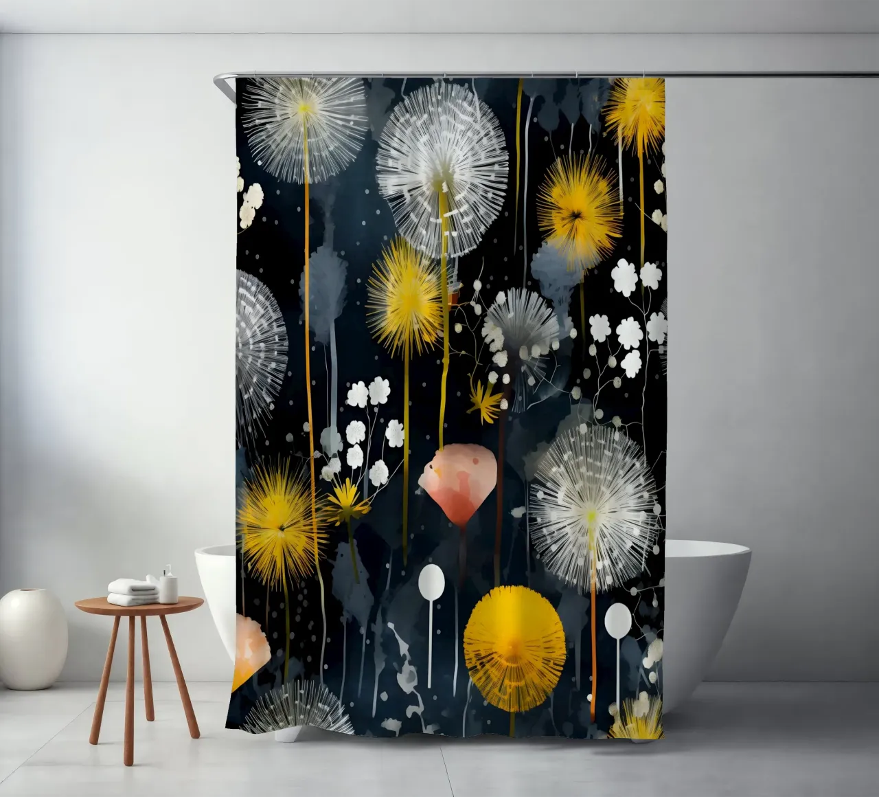 Dandelion Black shower curtain by Botanical Pattern House