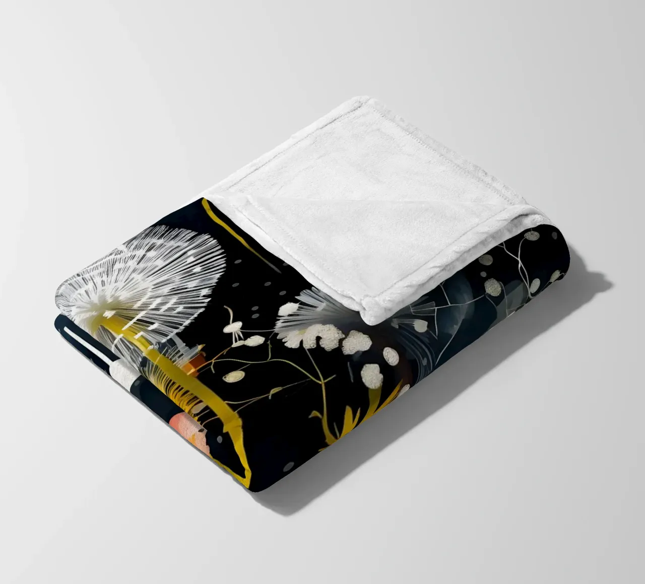 Dandelion Black fleece blanket by Botanical Pattern House