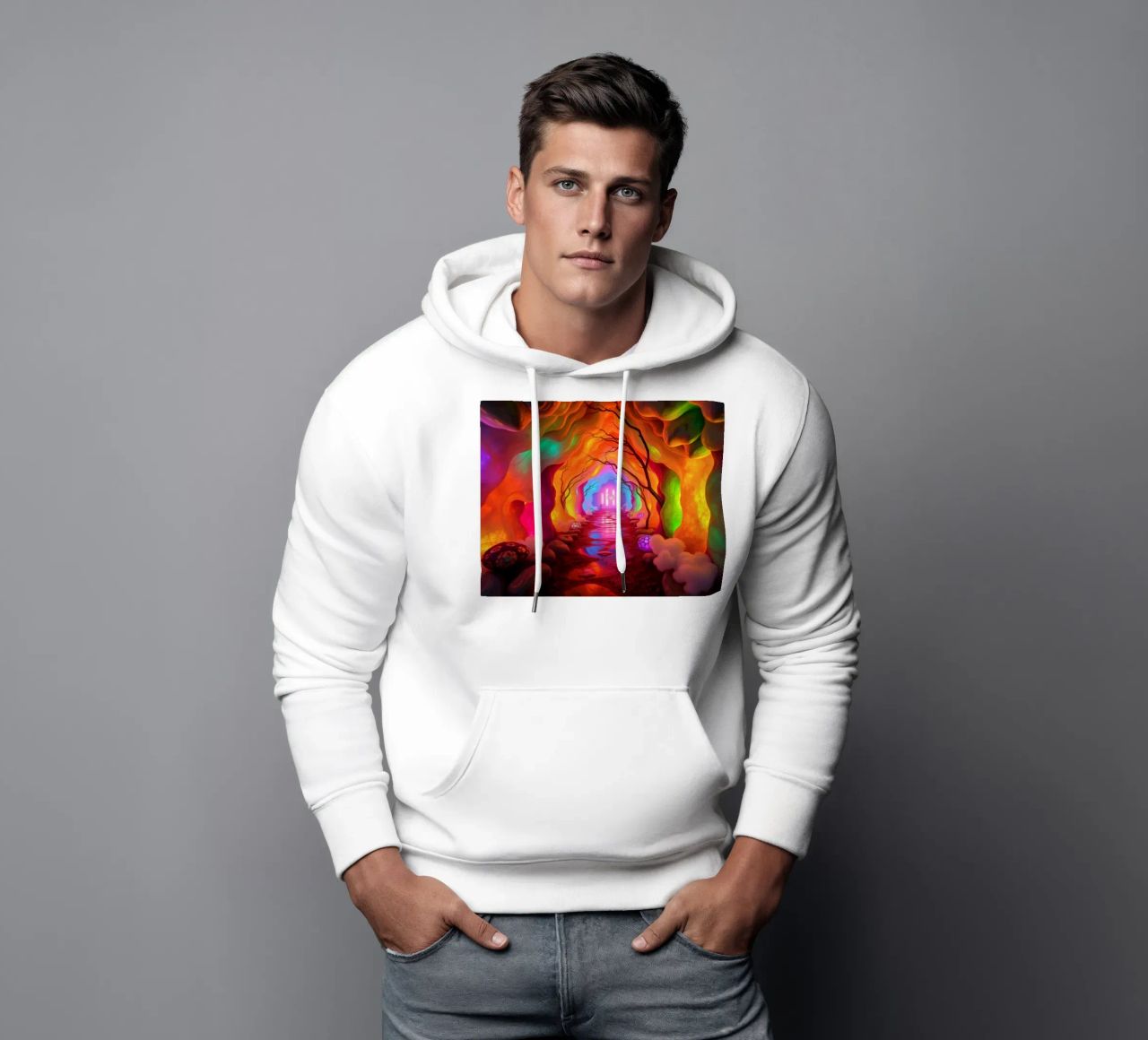 percorso illuminato in una grotta colorata con piante e piante luminose. felpa con cappuccio da DesignDoodle