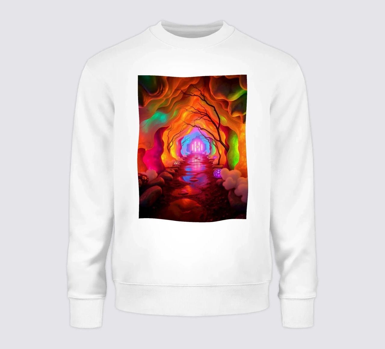 percorso illuminato in una grotta colorata con piante e piante luminose. felpa da DesignDoodle