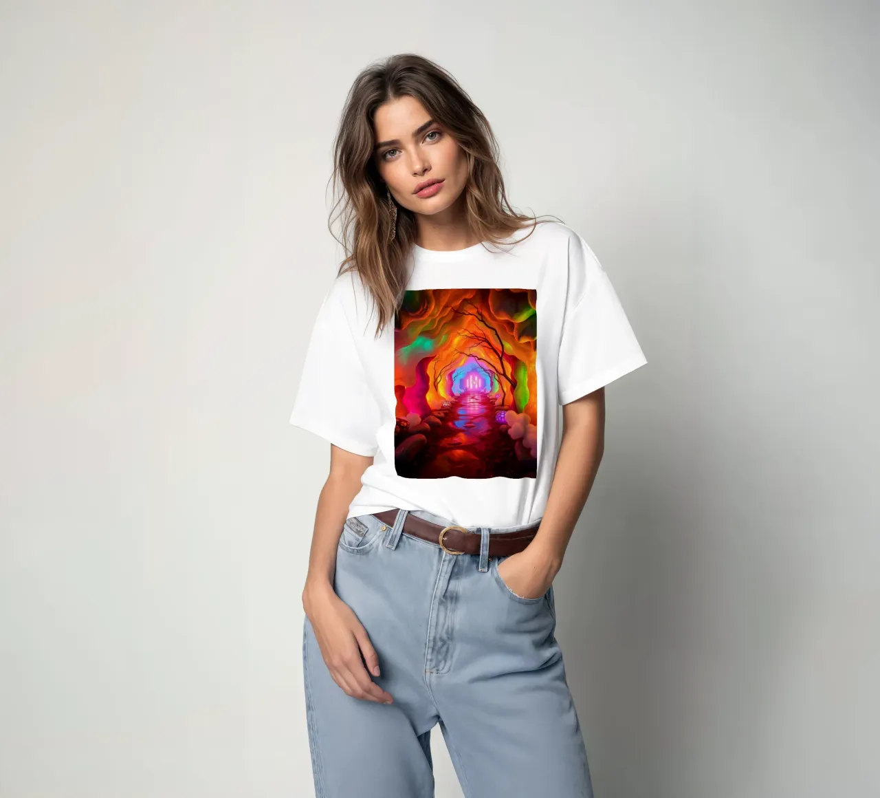 percorso illuminato in una grotta colorata con piante e piante luminose. t-shirt da DesignDoodle
