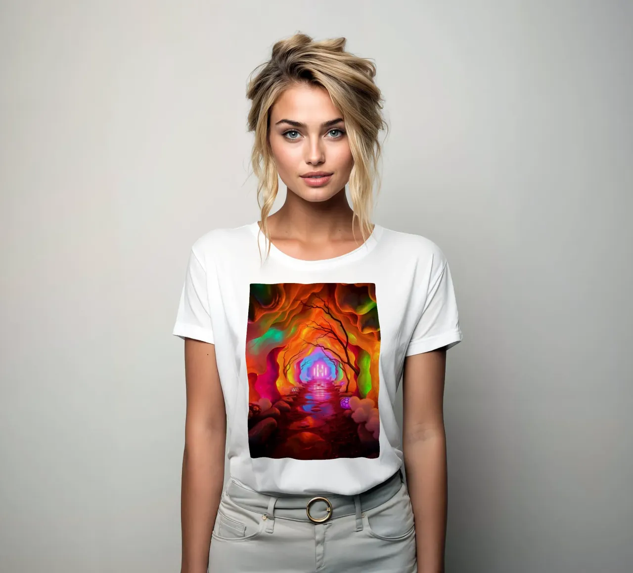 sentier illuminé dans une grotte colorée avec des plantes et des objets lumineux. t-shirt ajusté pour femmes de DesignDoodle