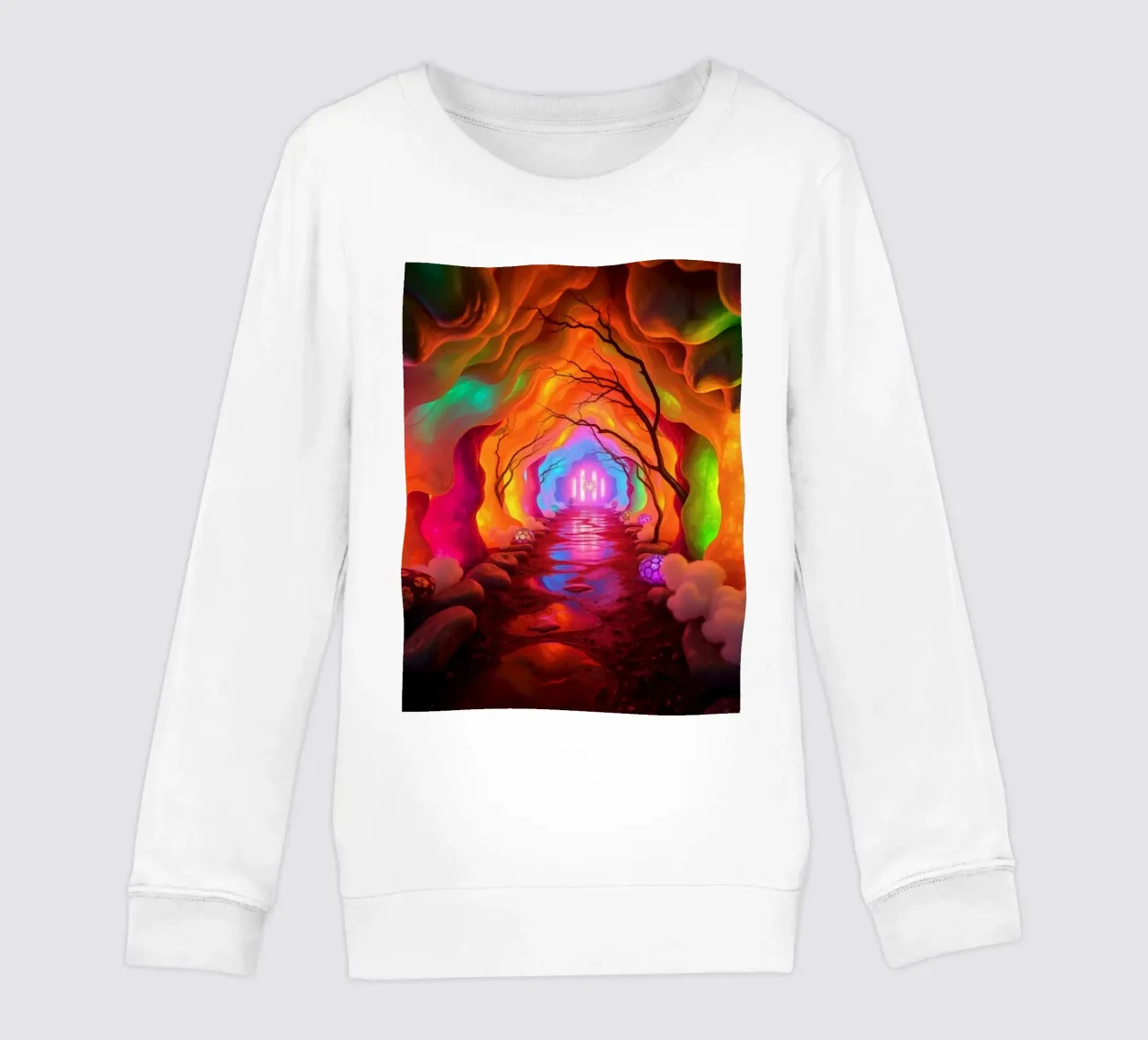 percorso illuminato in una grotta colorata con piante e piante luminose. felpa bambino da DesignDoodle