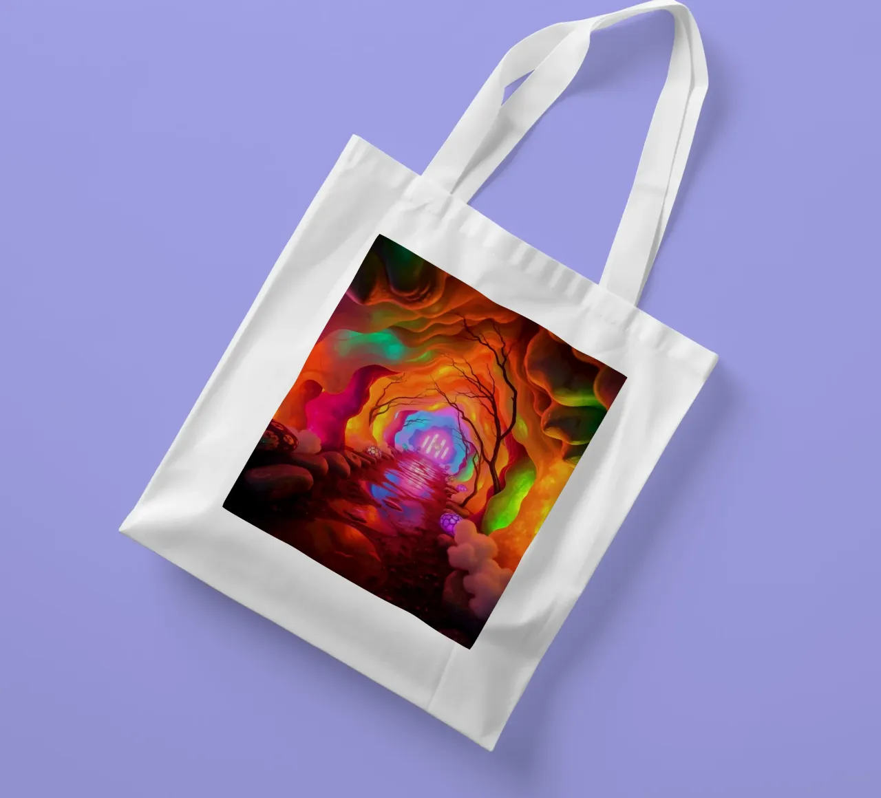 percorso illuminato in una grotta colorata con piante e piante luminose. borsa in juta da DesignDoodle