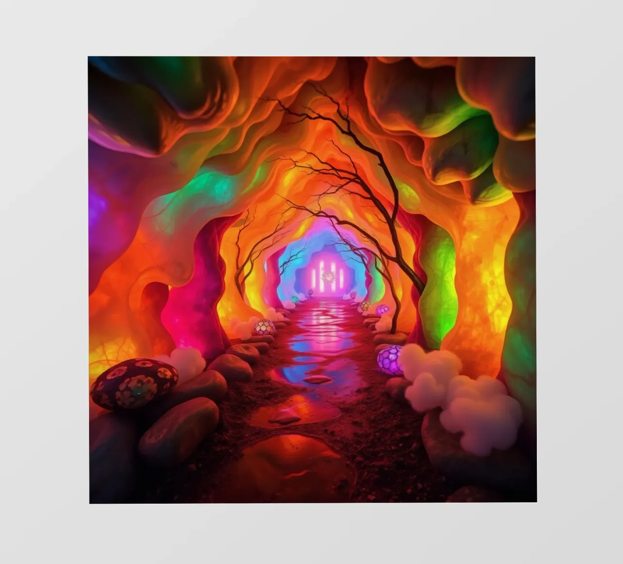 percorso illuminato in una grotta colorata con piante e piante luminose. pellicola backlit da DesignDoodle