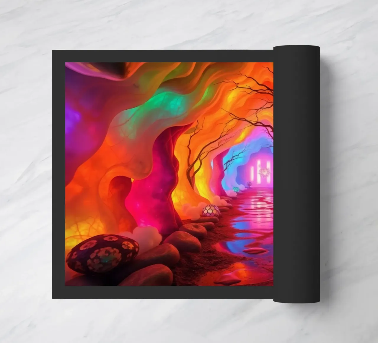 percorso illuminato in una grotta colorata con piante e piante luminose. zerbino da DesignDoodle