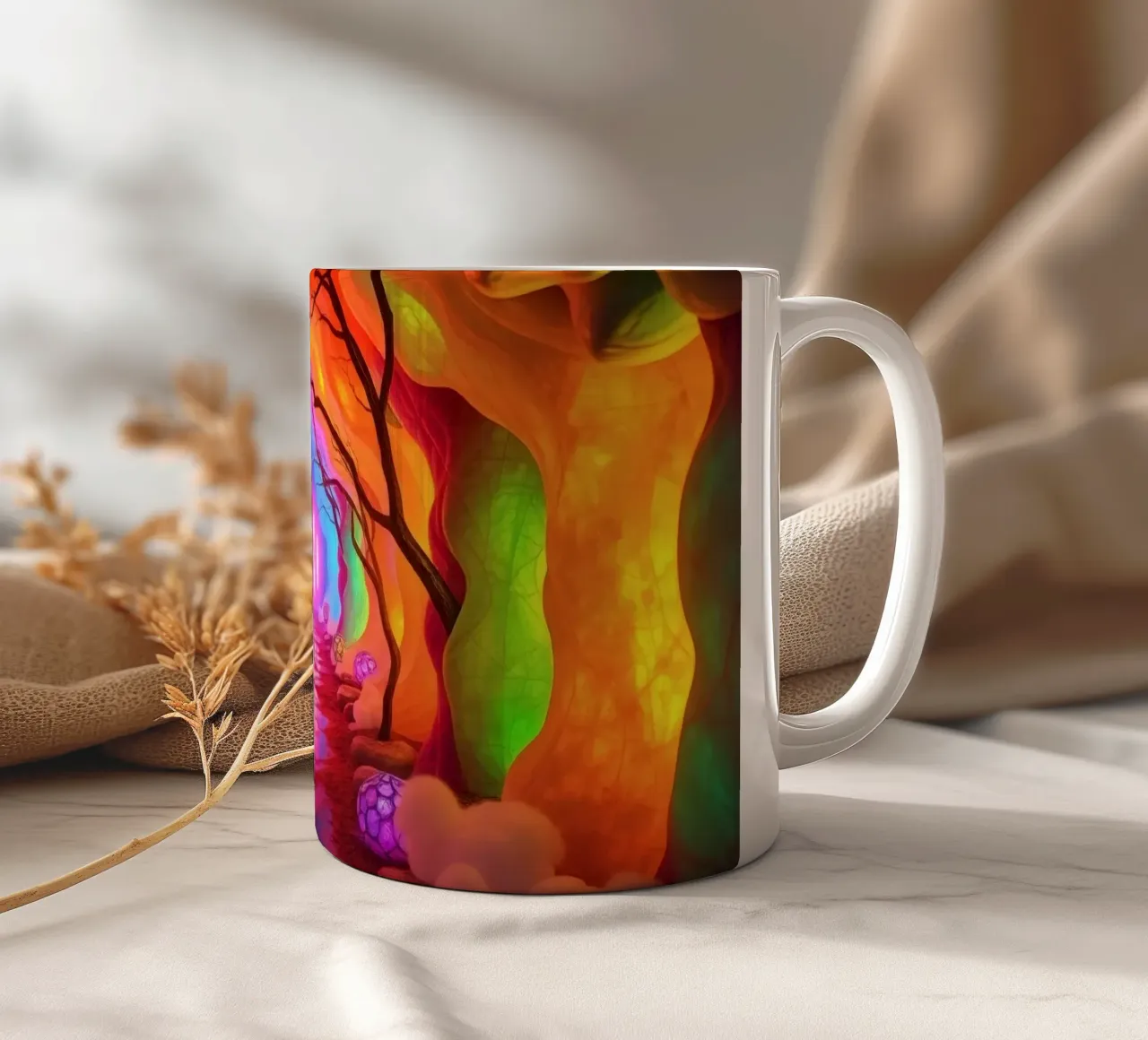 percorso illuminato in una grotta colorata con piante e piante luminose. tazza in ceramica da DesignDoodle