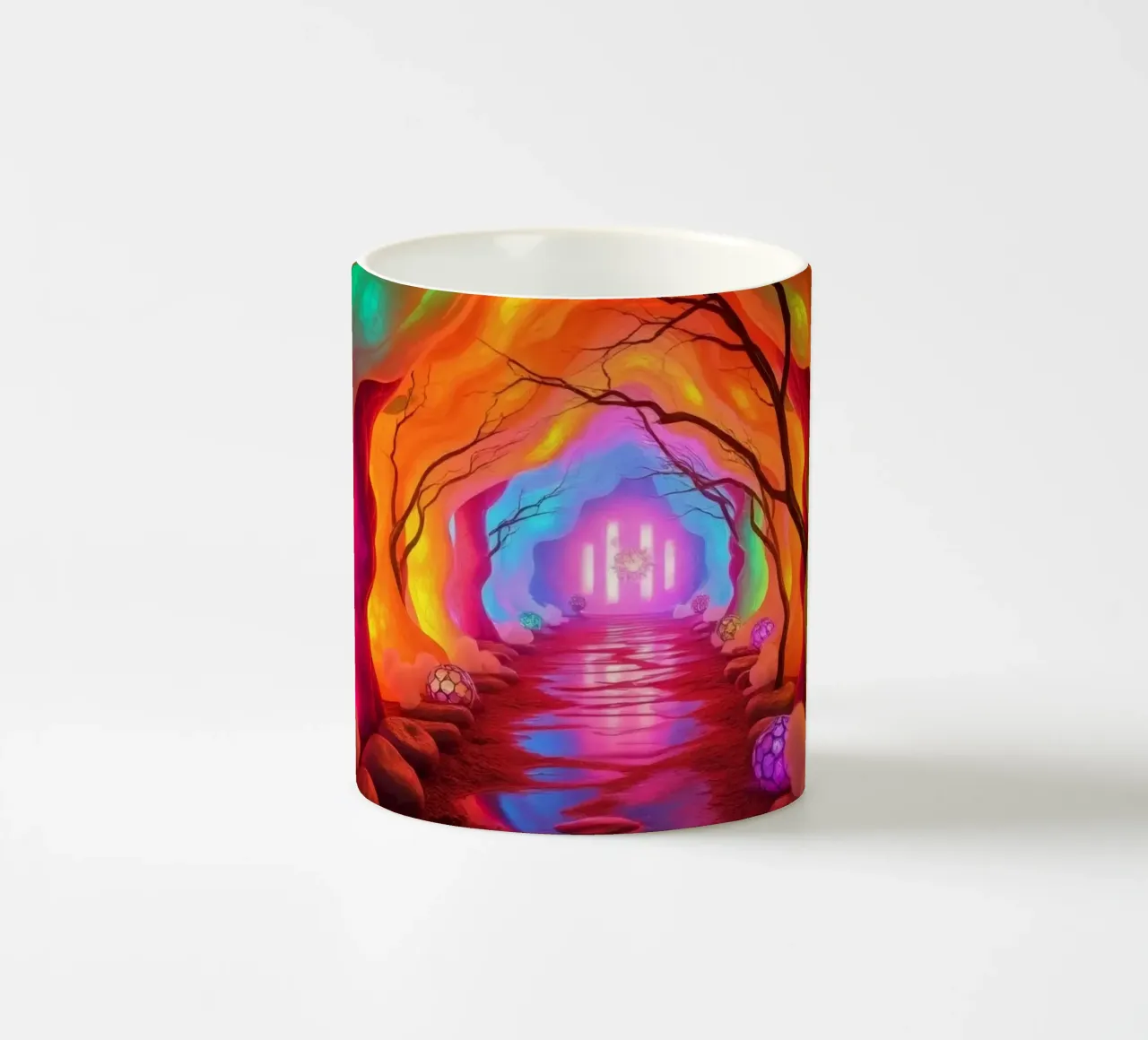 percorso illuminato in una grotta colorata con piante e piante luminose. tazza in ceramica da DesignDoodle
