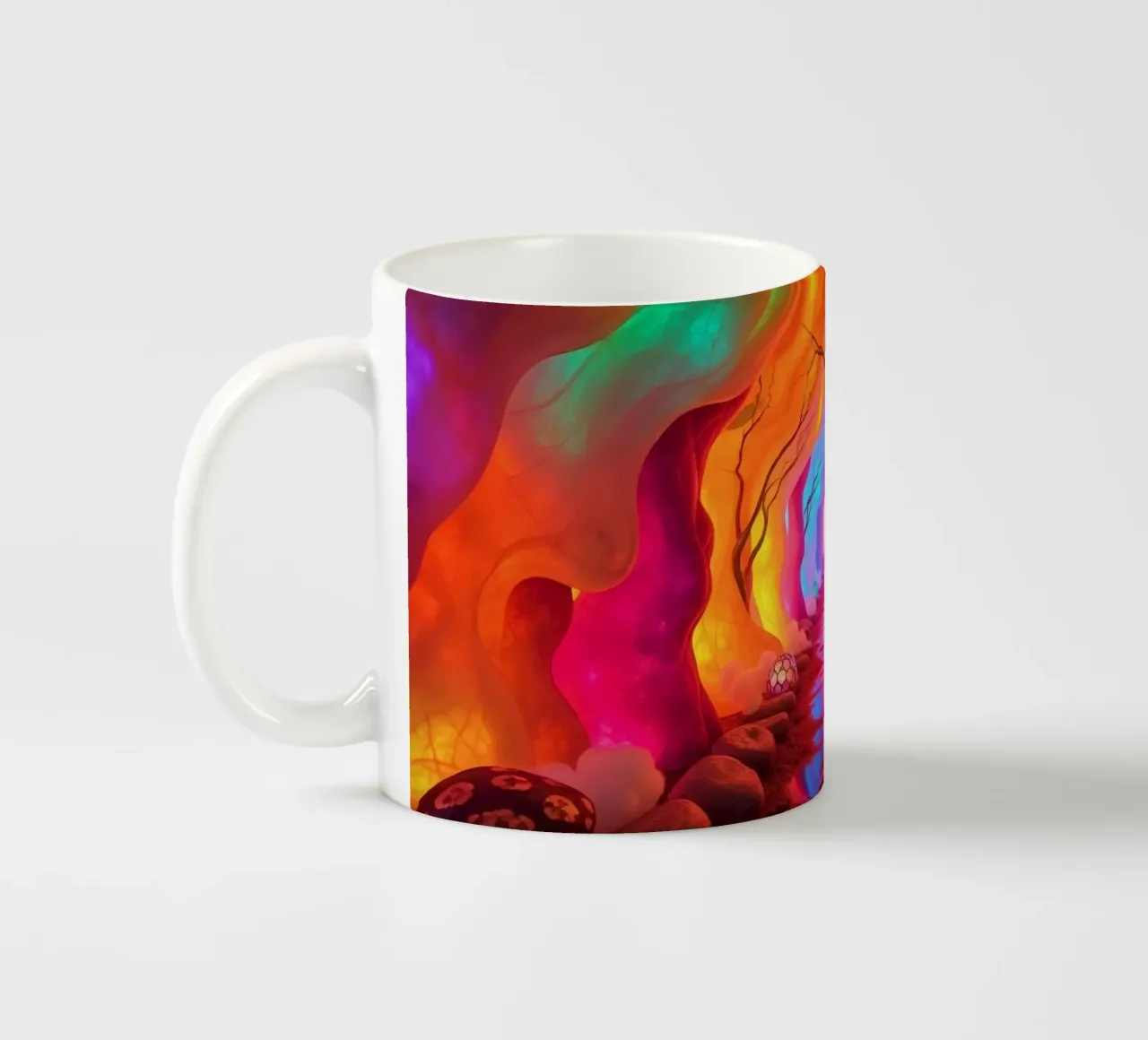 percorso illuminato in una grotta colorata con piante e piante luminose. tazza in ceramica da DesignDoodle