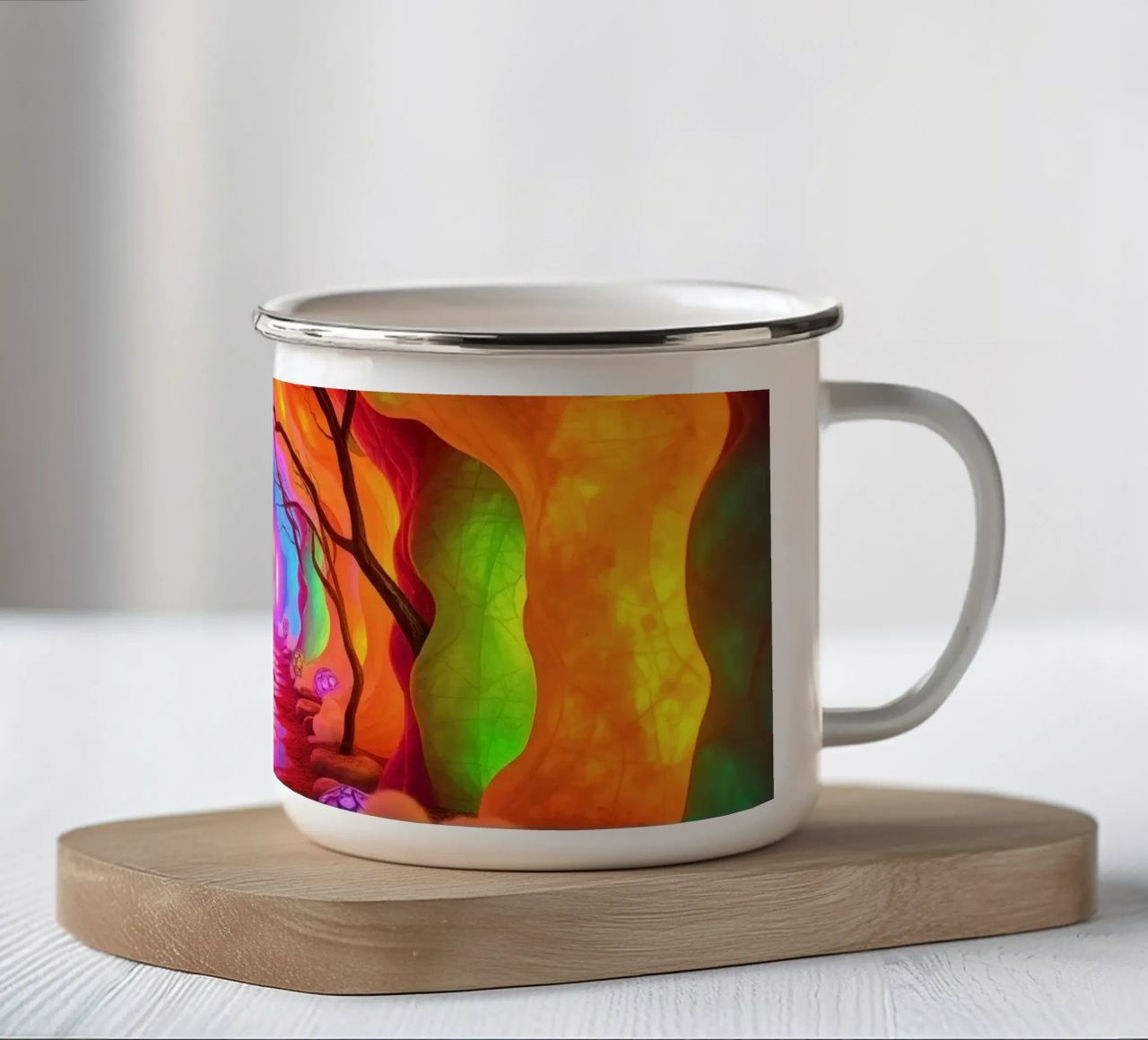 percorso illuminato in una grotta colorata con piante e piante luminose. tazza in smalto da DesignDoodle