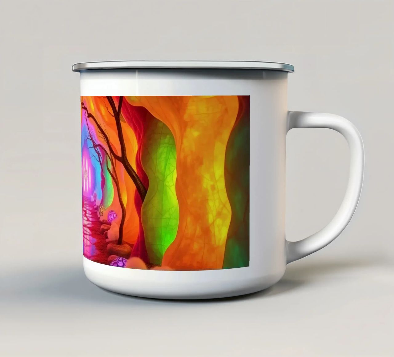 percorso illuminato in una grotta colorata con piante e piante luminose. tazza in smalto da DesignDoodle