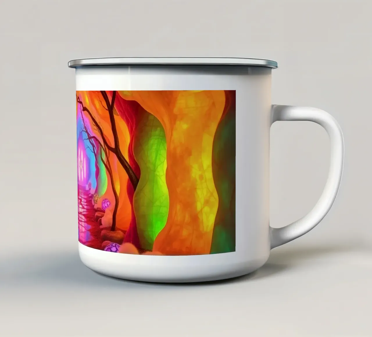 illuminated pathway in colorful cave with glowing plants and enamel mug by DesignDoodle