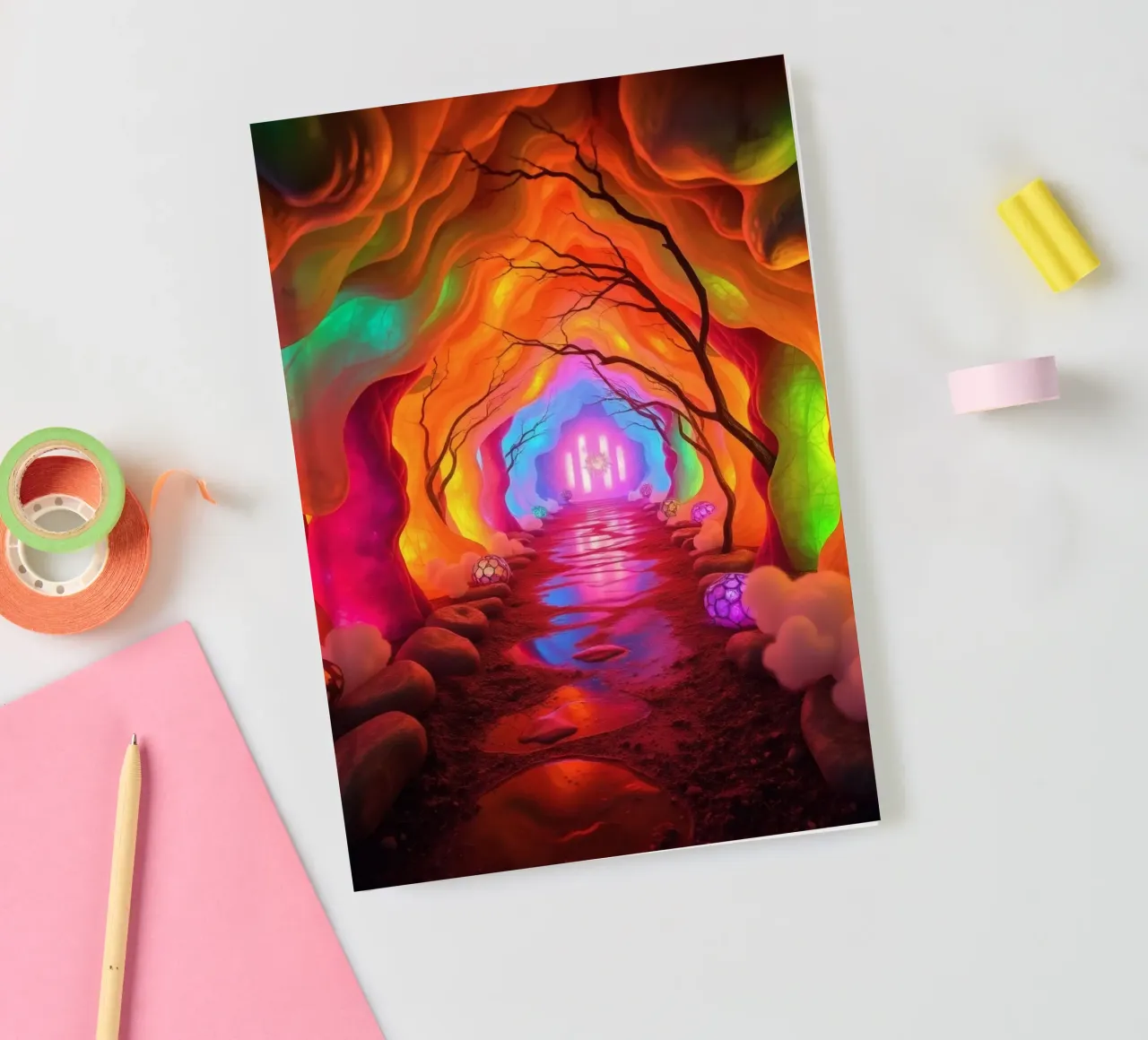illuminated pathway in colorful cave with glowing plants and notebook by DesignDoodle