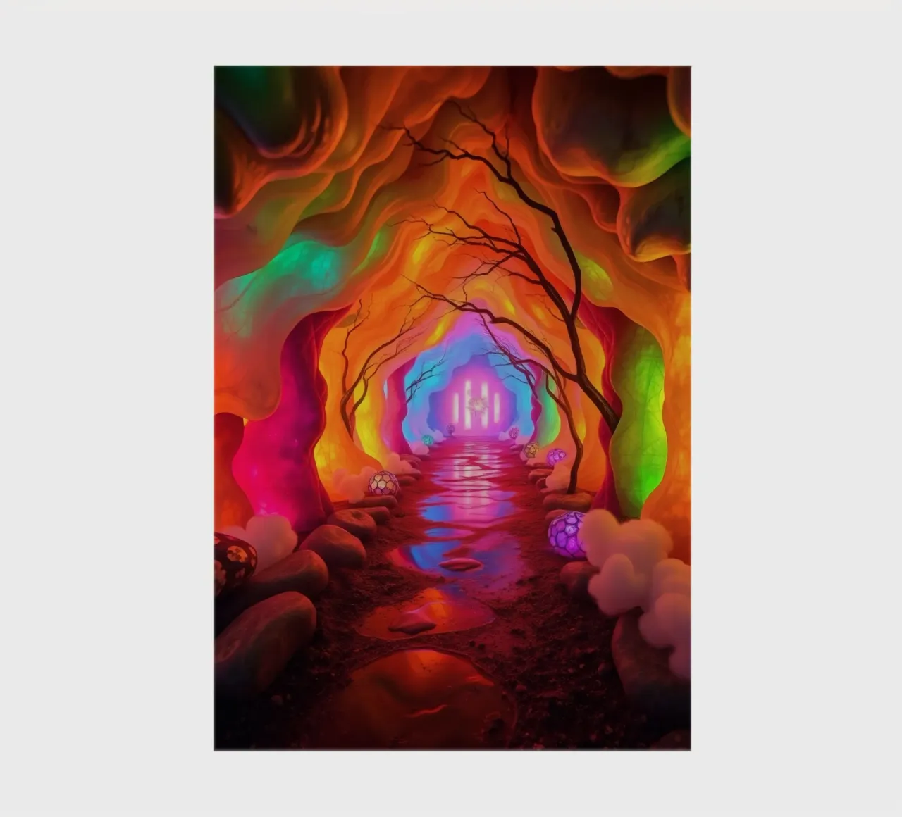 illuminated pathway in colorful cave with glowing plants and notebook by DesignDoodle