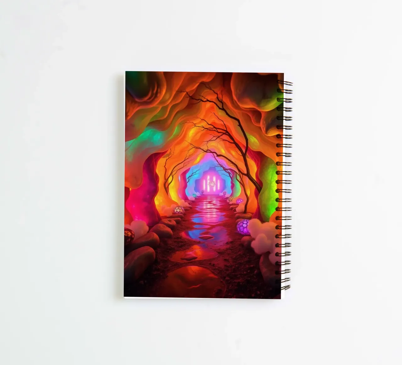 illuminated pathway in colorful cave with glowing plants and spiral notebook by DesignDoodle