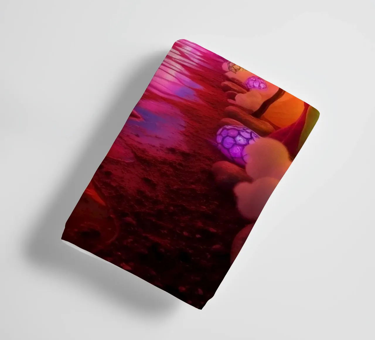 illuminated pathway in colorful cave with glowing plants and towel by DesignDoodle