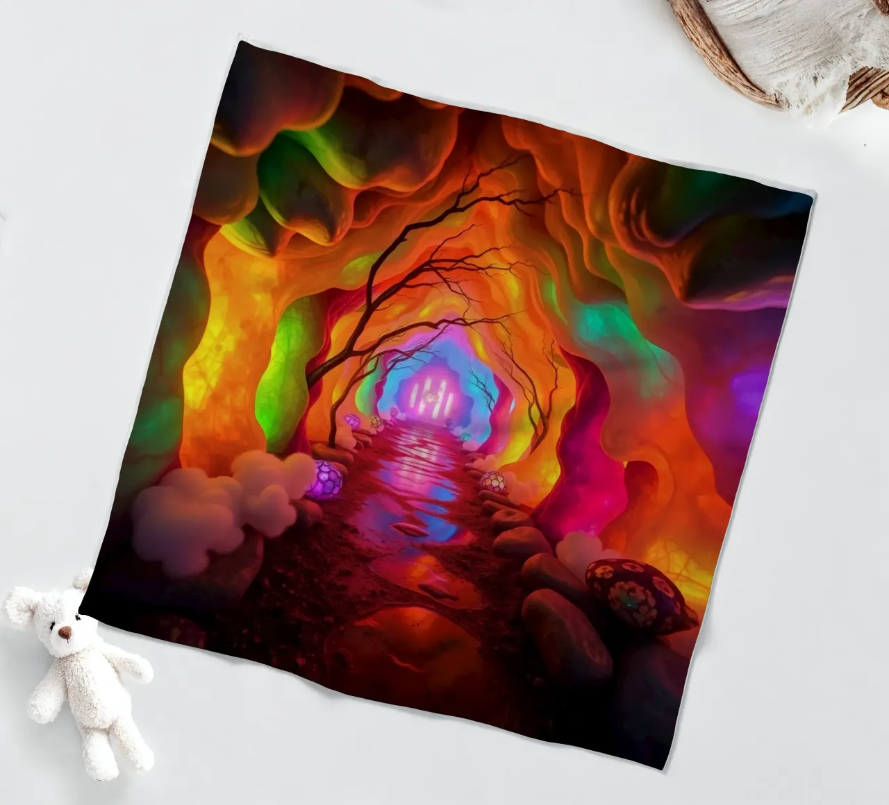 illuminated pathway in colorful cave with glowing plants and fleece blanket by DesignDoodle