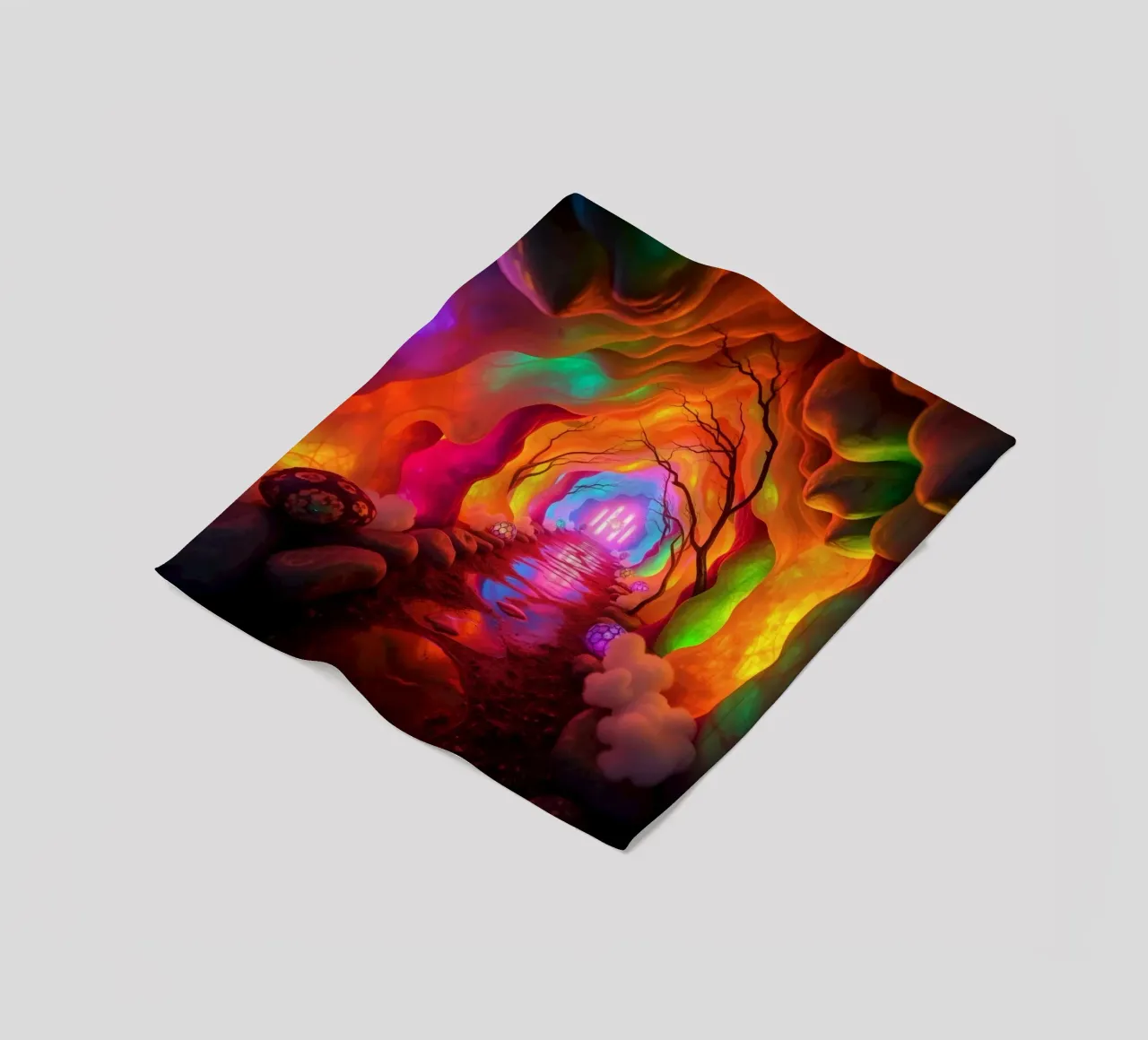 illuminated pathway in colorful cave with glowing plants and fleece blanket by DesignDoodle