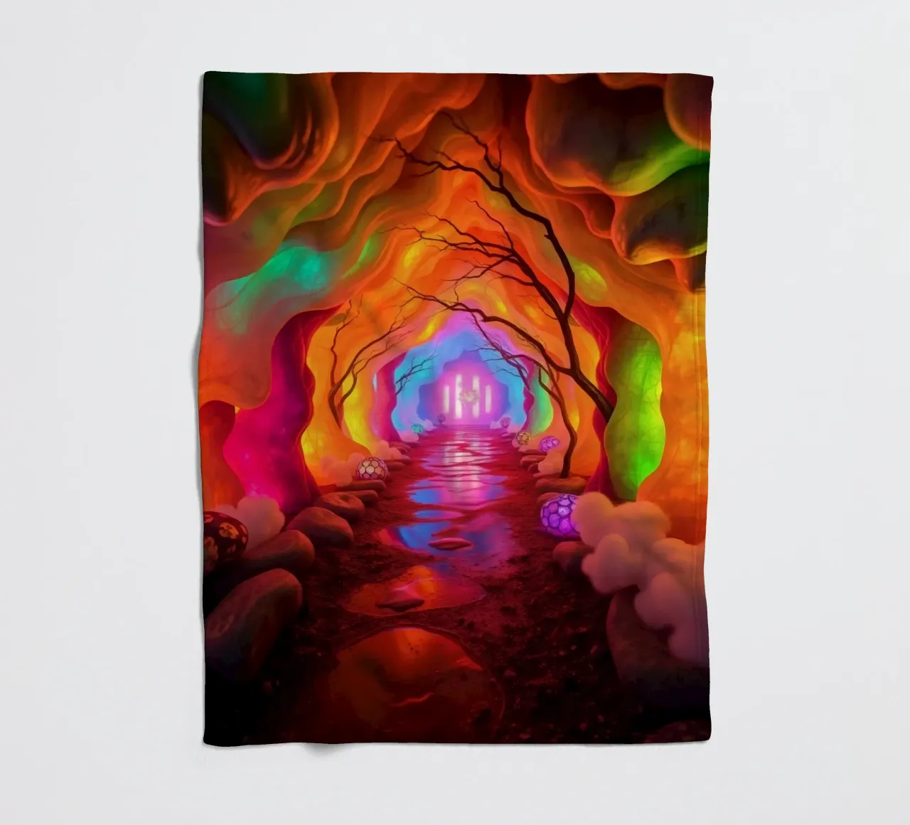illuminated pathway in colorful cave with glowing plants and fleece blanket by DesignDoodle
