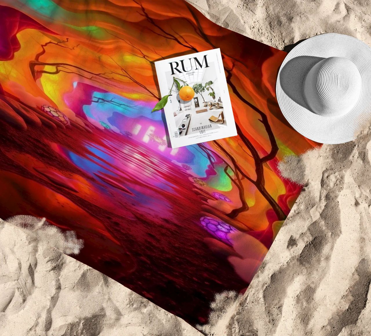percorso illuminato in una grotta colorata con piante e piante luminose. telo mare da DesignDoodle