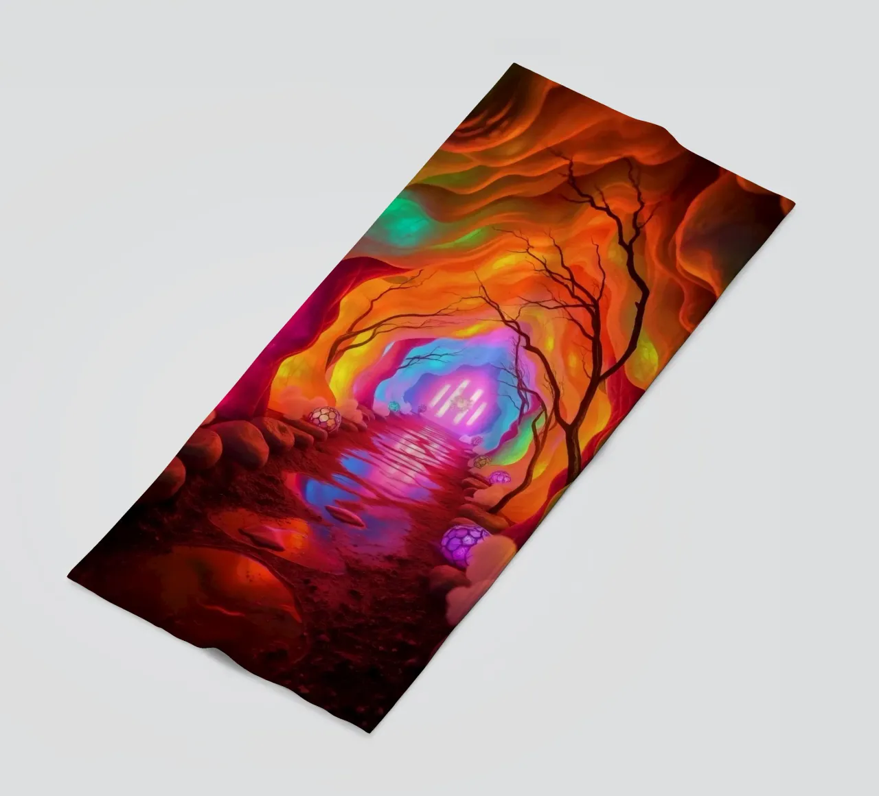 camino iluminado en cueva colorida con plantas brillantes y toalla de playa de DesignDoodle