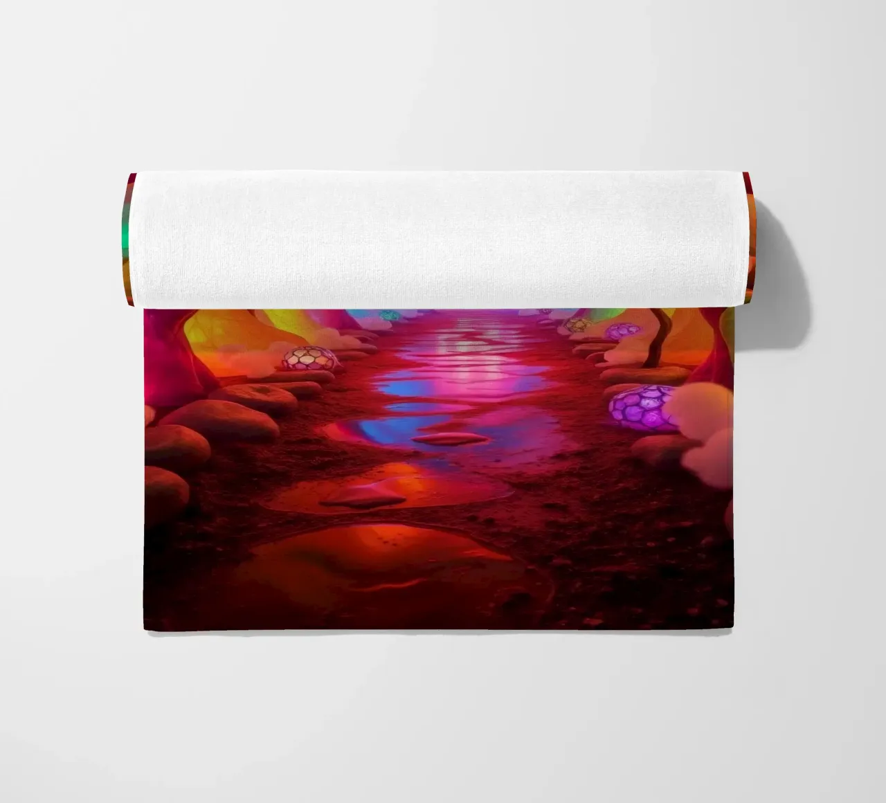 camino iluminado en cueva colorida con plantas brillantes y toalla de playa de DesignDoodle