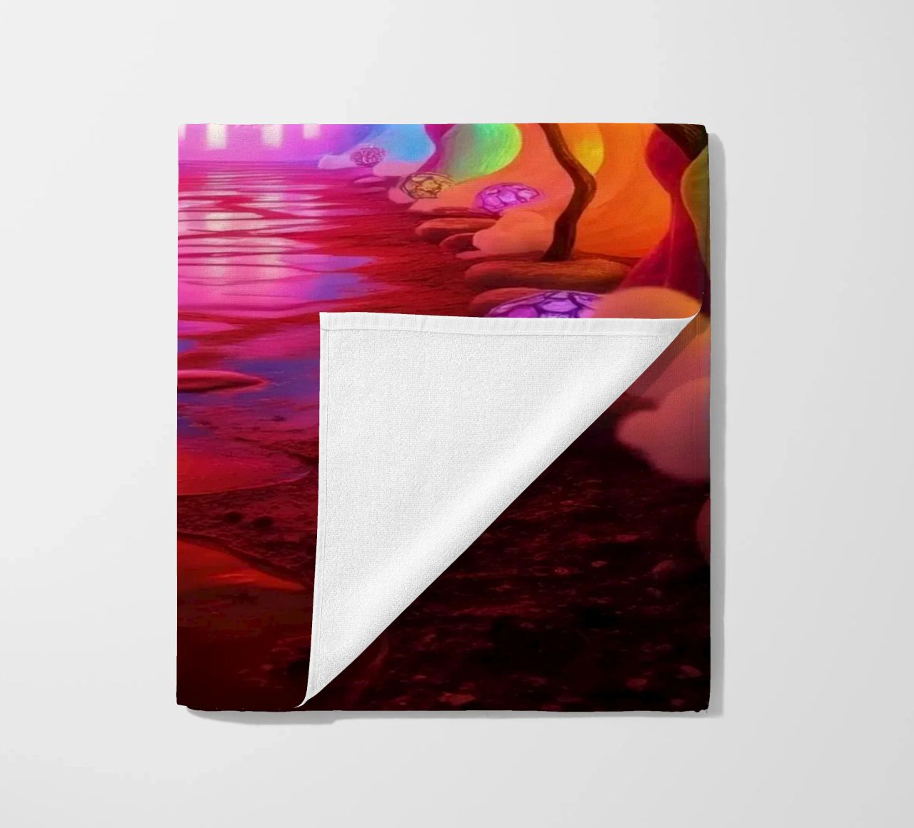 percorso illuminato in una grotta colorata con piante e piante luminose. telo mare da DesignDoodle