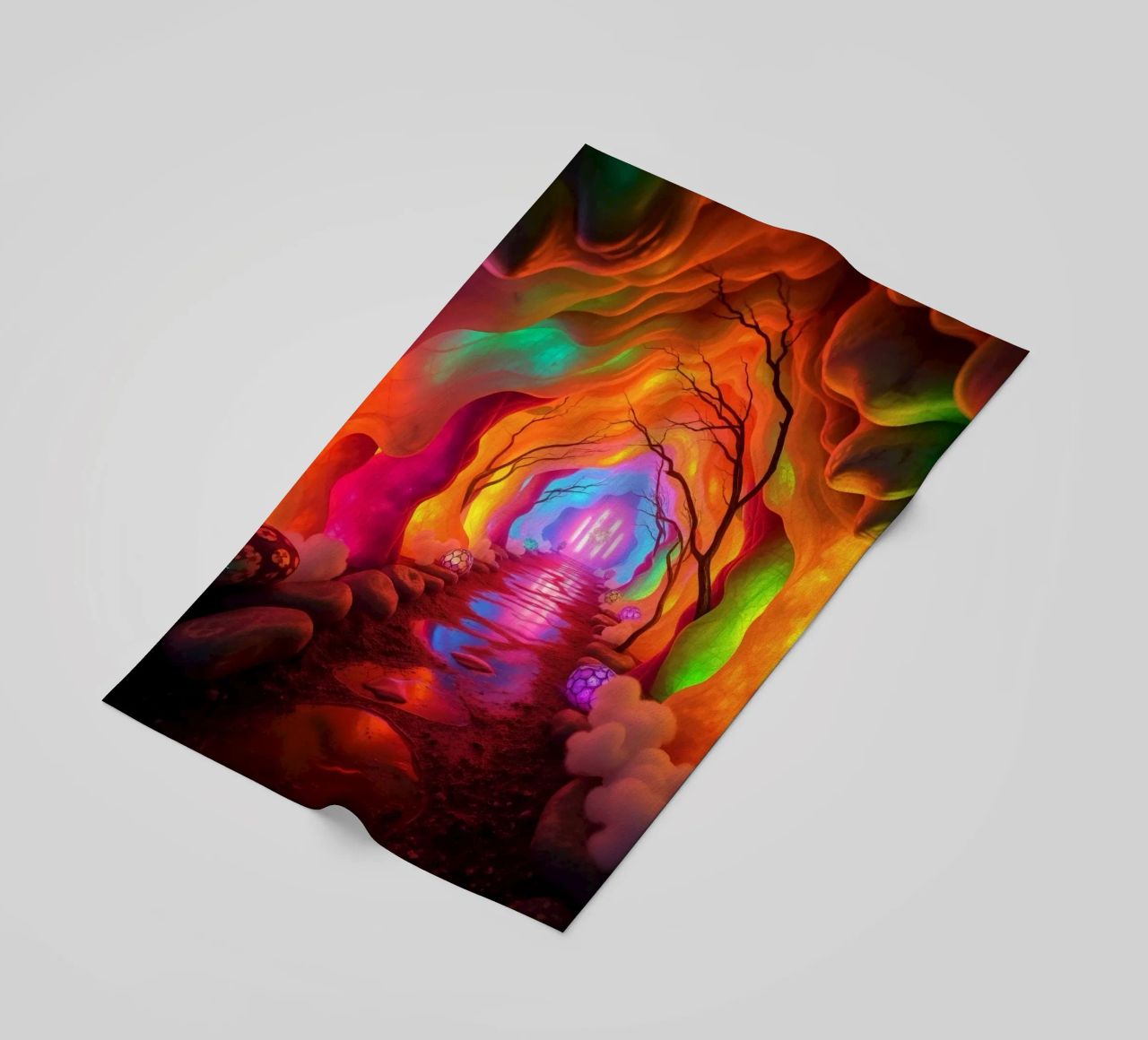 percorso illuminato in una grotta colorata con piante e piante luminose. telo mare da DesignDoodle